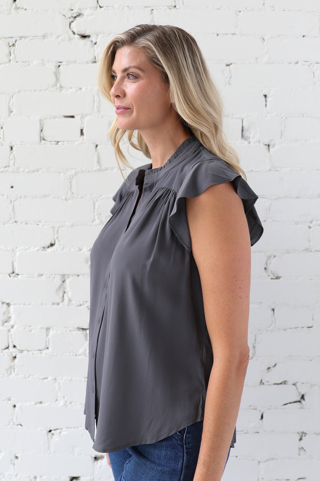 MARLEE </br>Flutter Cap Sleeve Button Front Blouse
