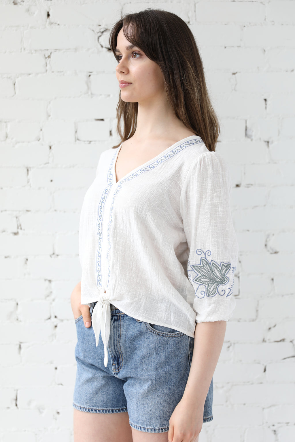 Embroidered Tie Front Top