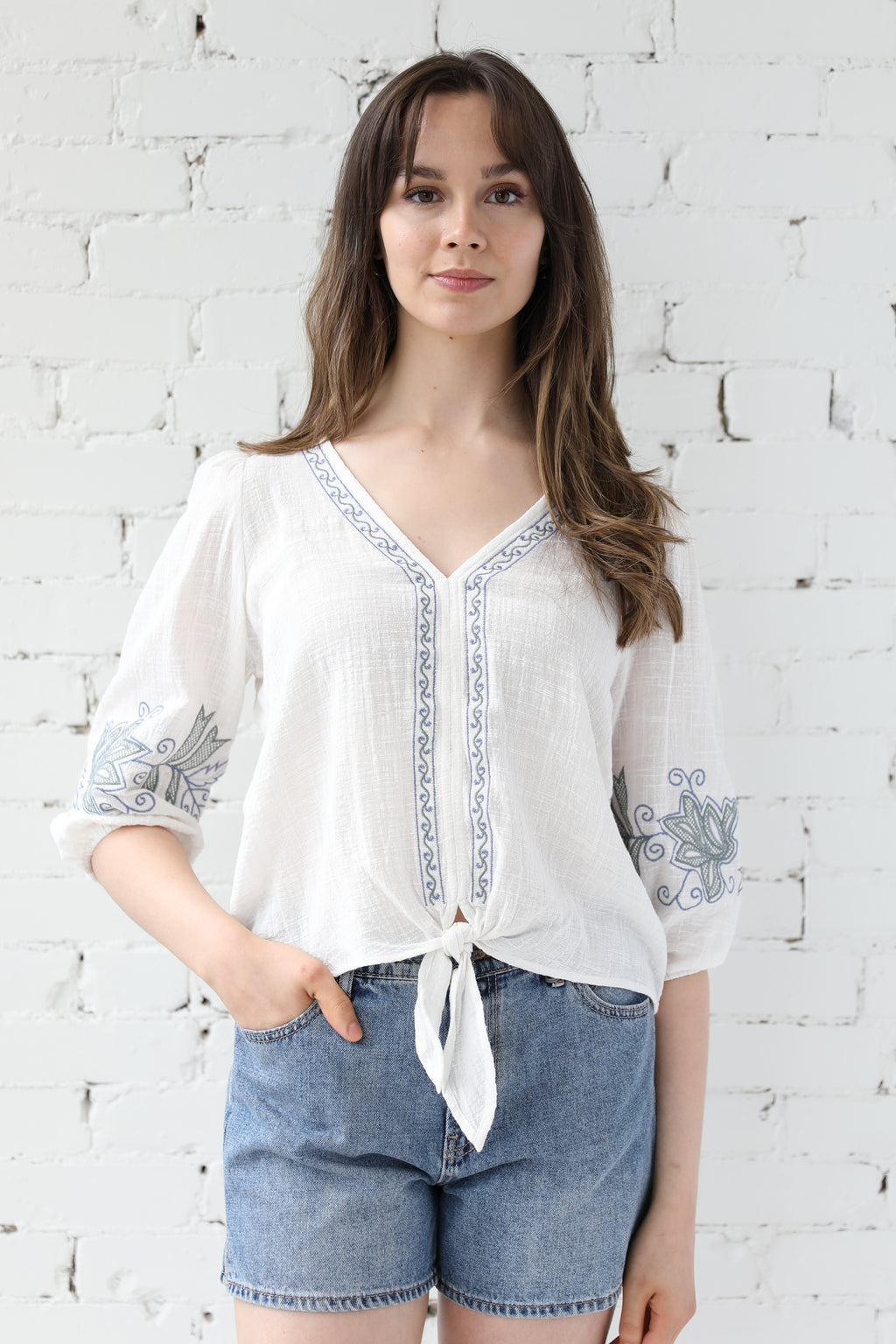 Embroidered Tie Front Top