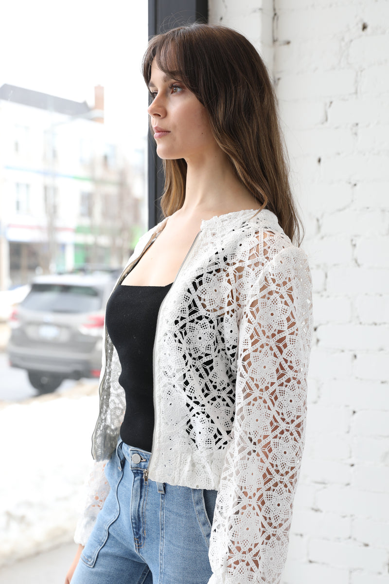 Crochet Floral Lace Bomber Jacket