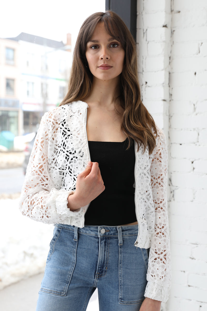 Crochet Floral Lace Bomber Jacket