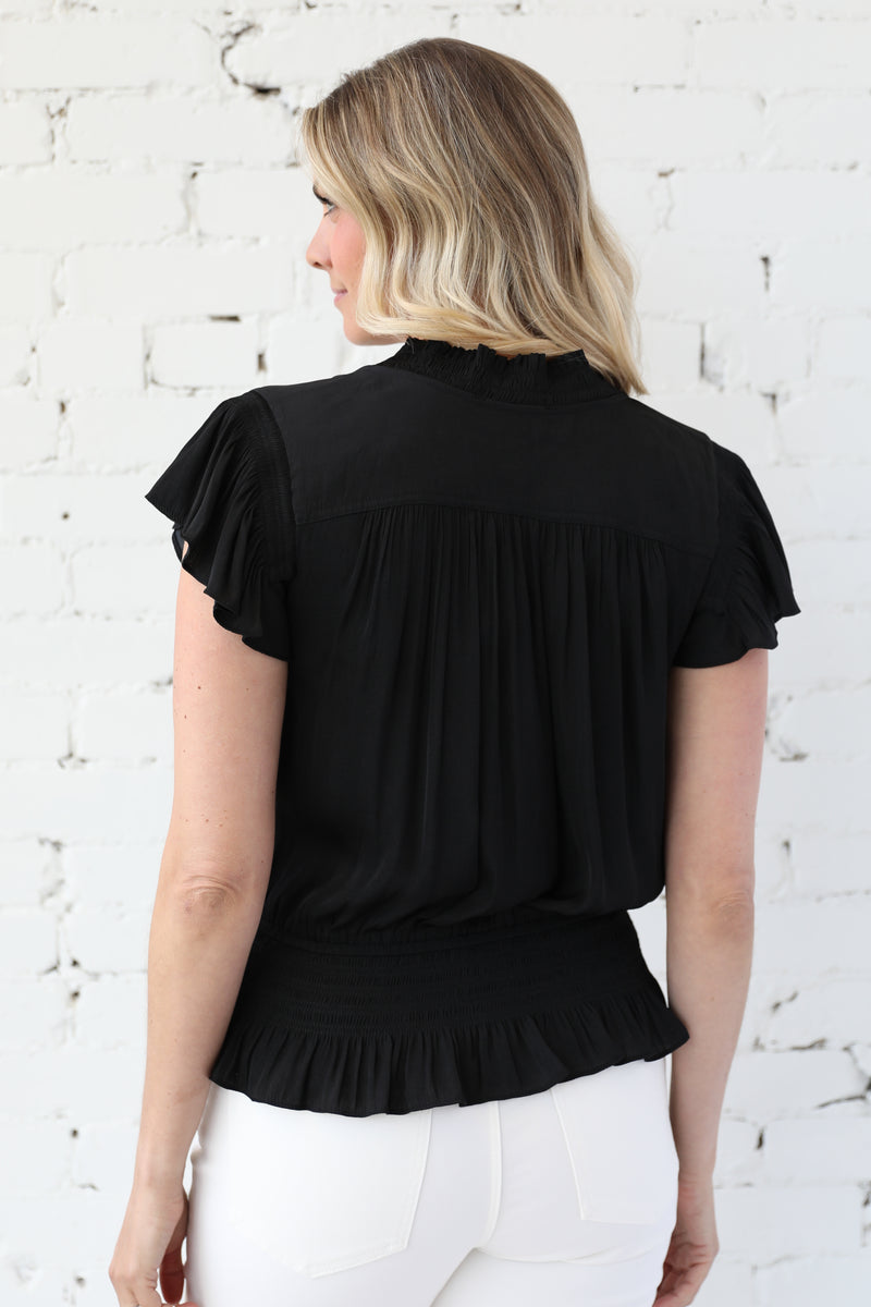 Short Sleeve Split Neck Tie Blouse