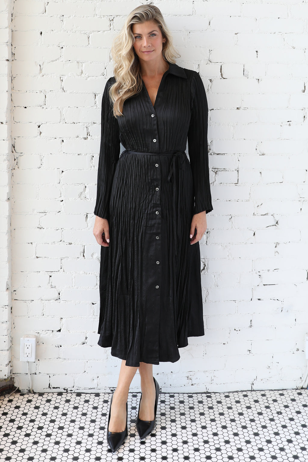 Holland Long Sleeve Pleated Button Down Dress