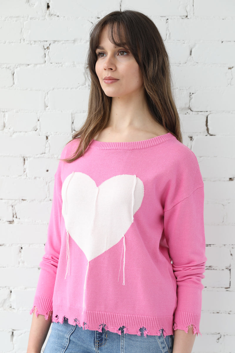 Distressed Heart Knit Pullover