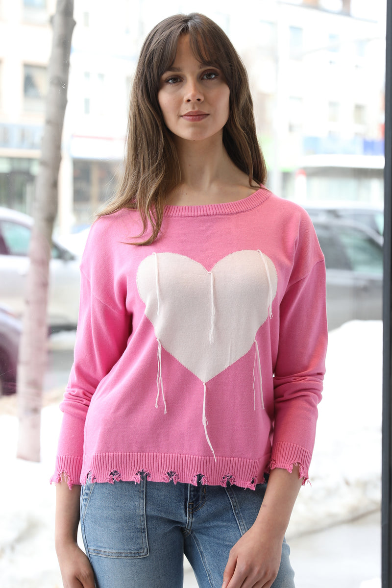 Distressed Heart Knit Pullover