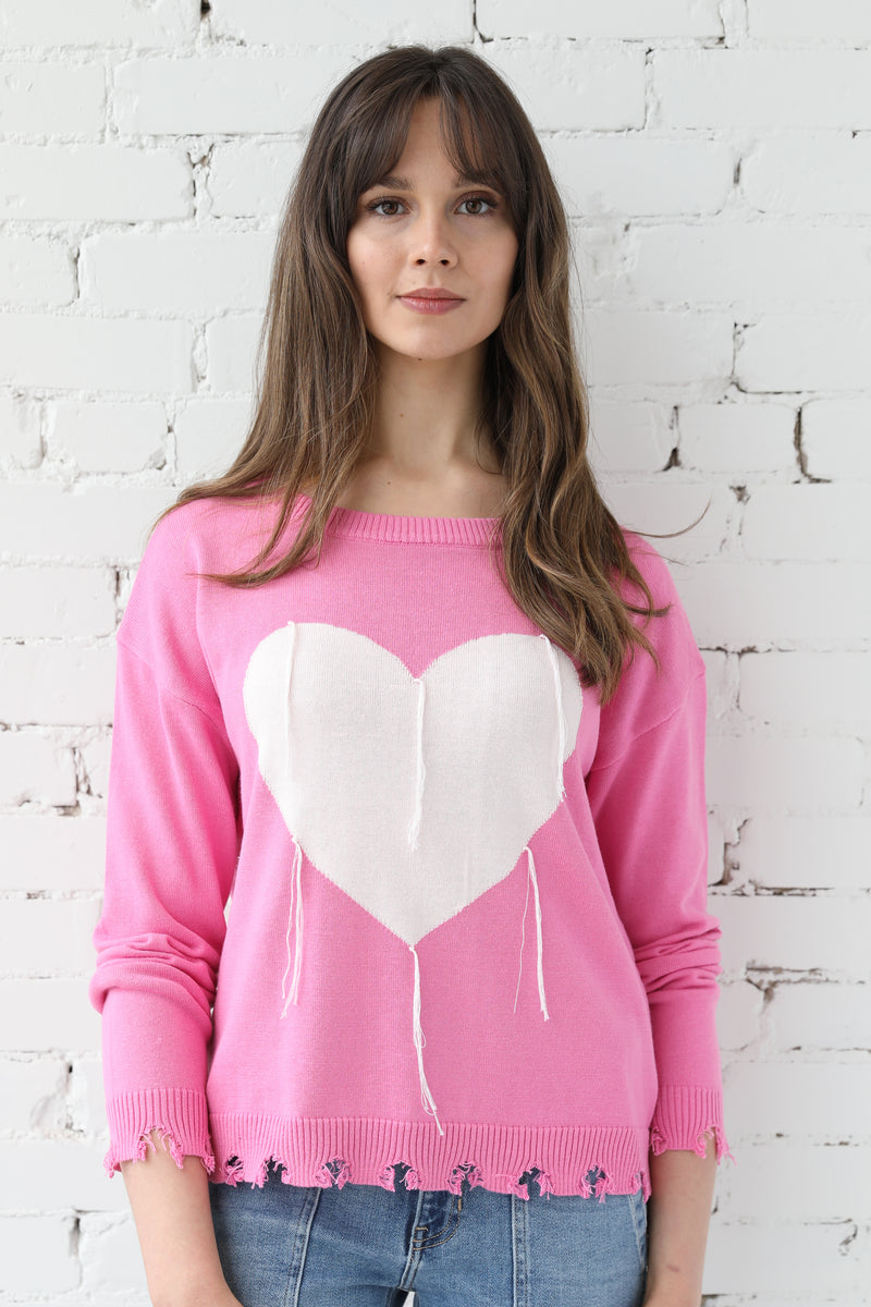 Distressed Heart Knit Pullover