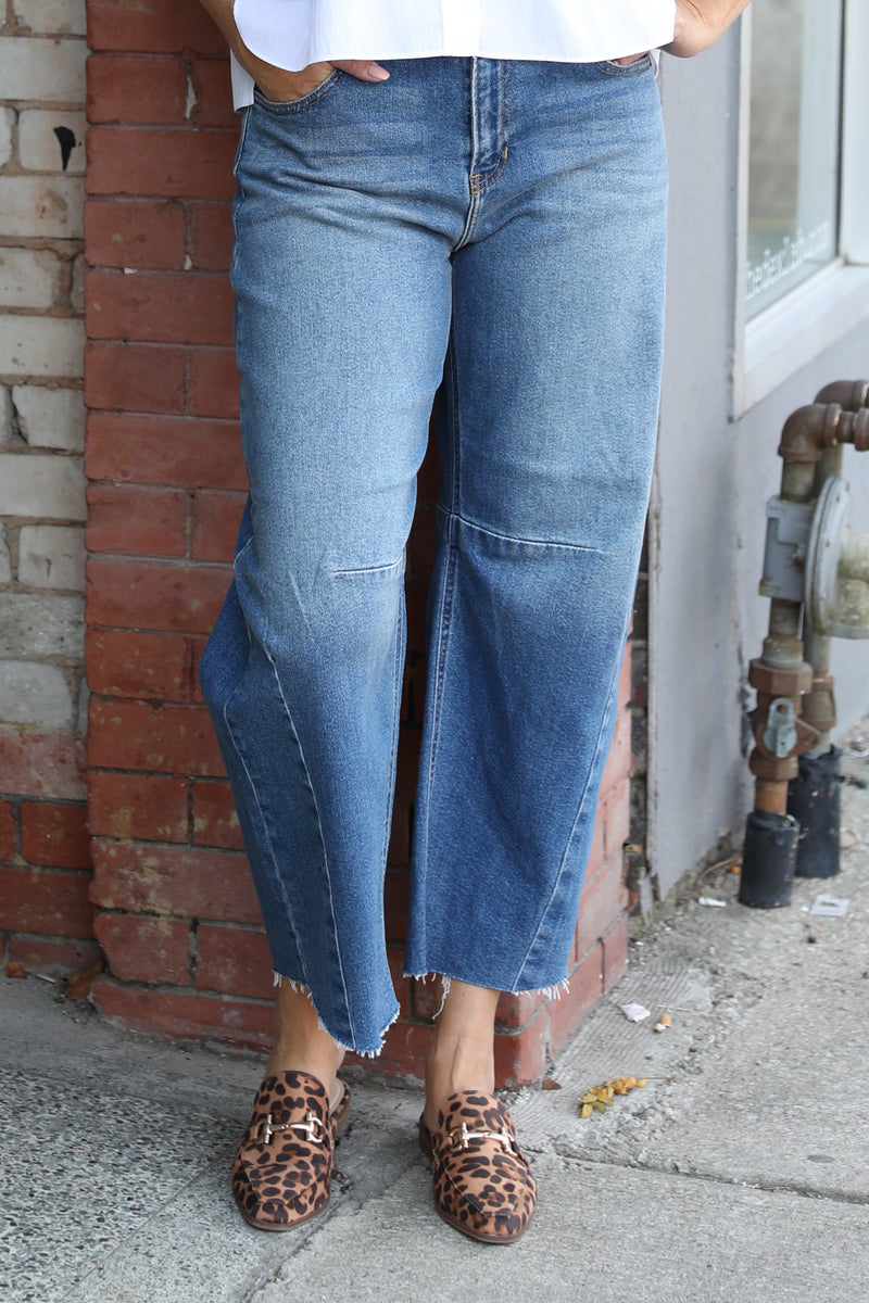 Denim Barrel Jean With Cut off Seams