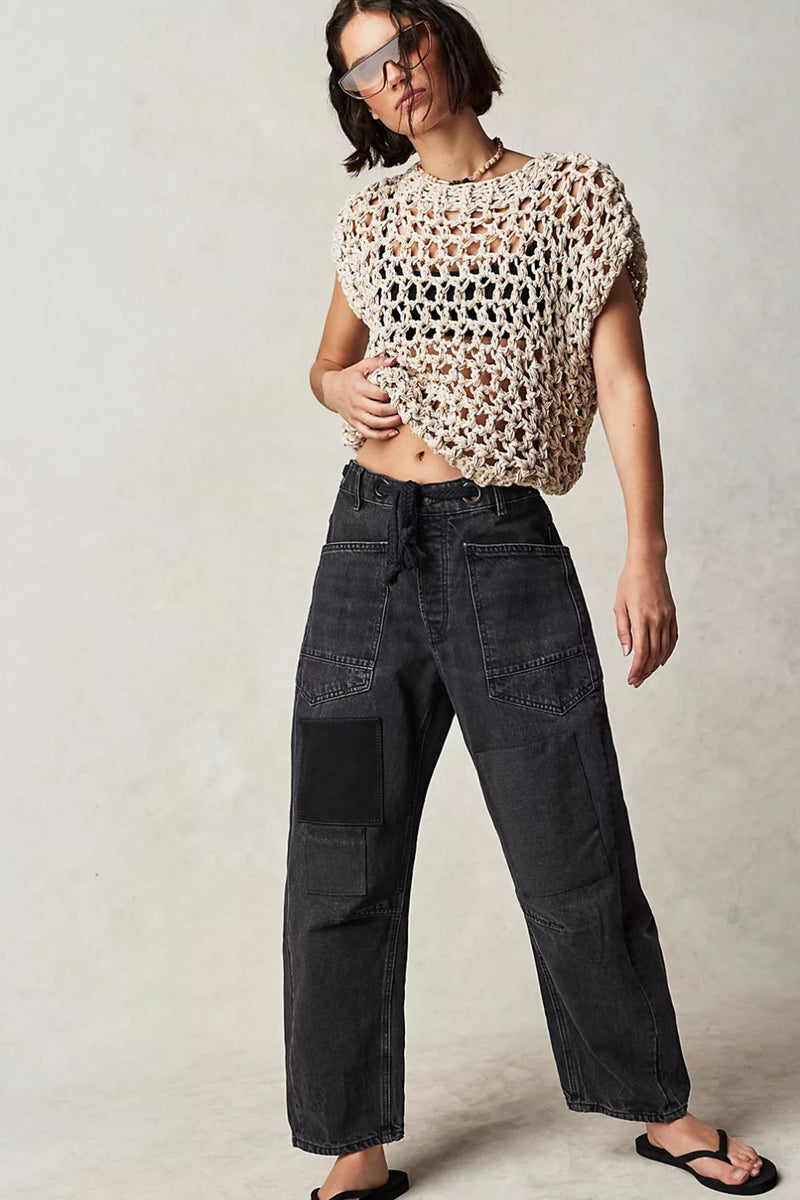 FREE PEOPLE </br>Moxie Low Slung Pull On Barrel Jeans