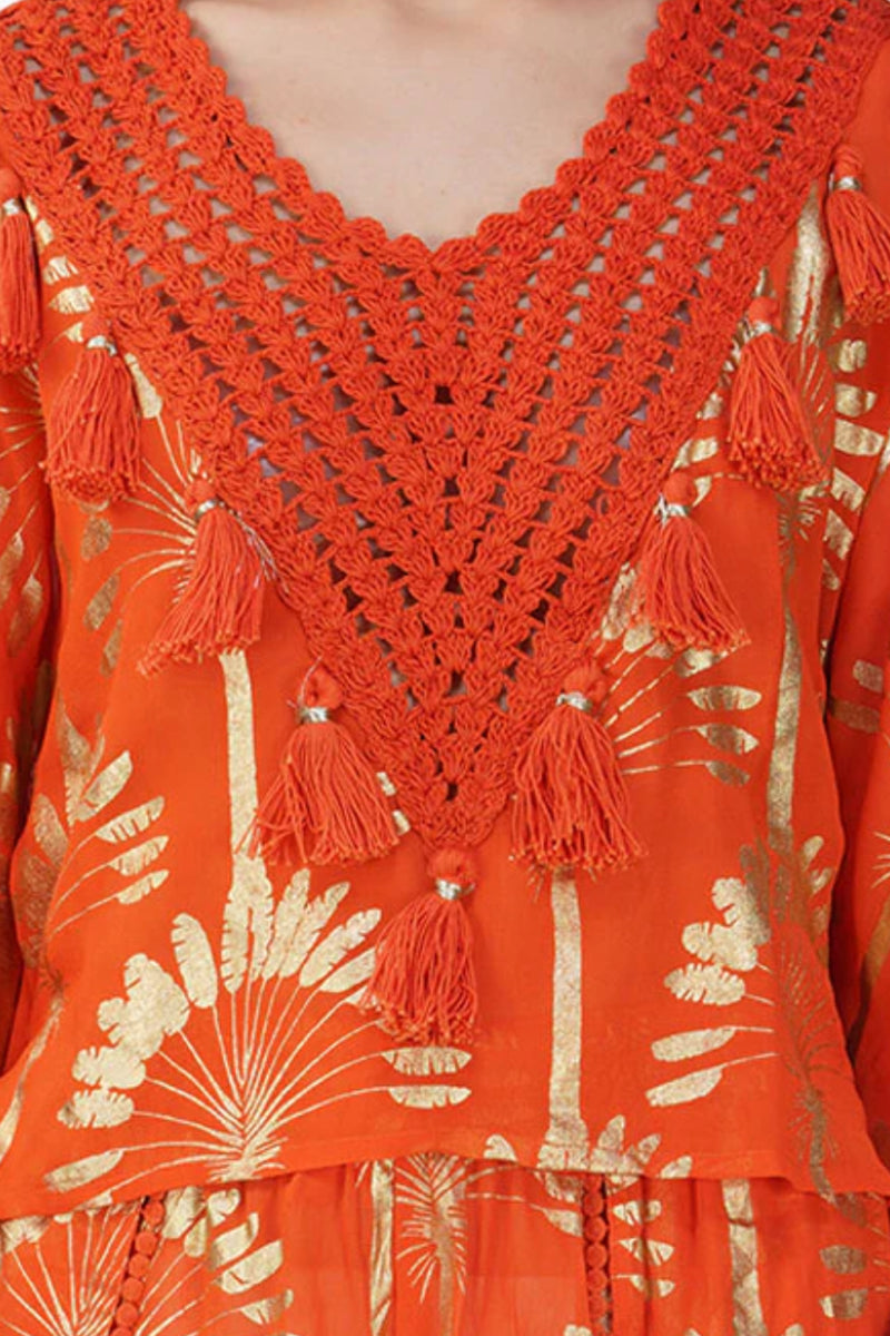 Sunset Palm Foil Tassel Blouse