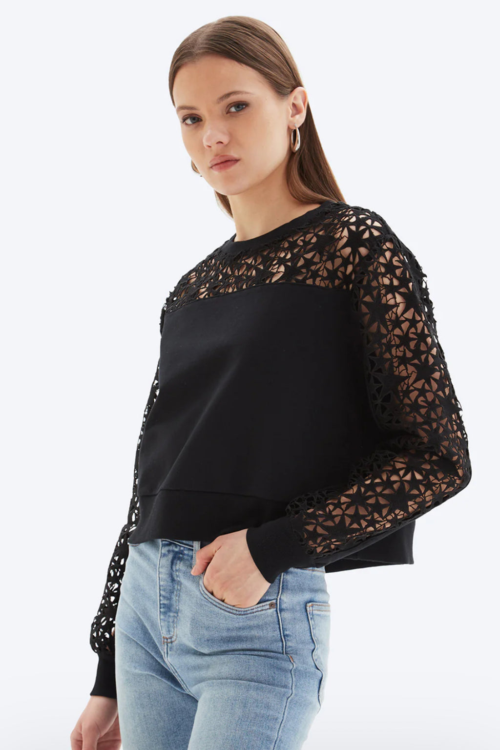 Eyelet Star Insert Round Neck Swe