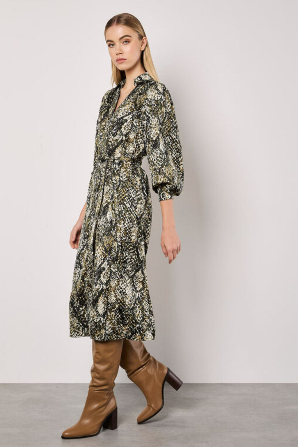 Snakeskin Open Collar Shirt Dress