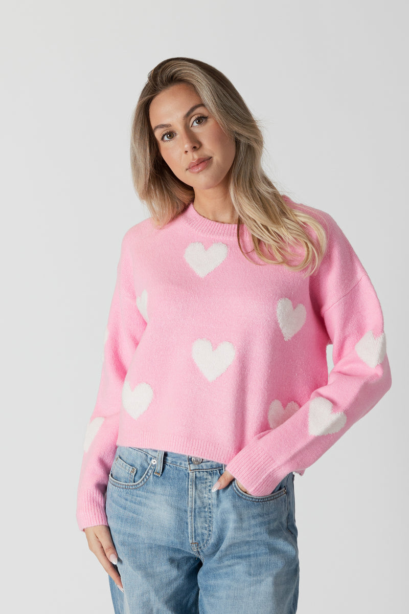 Isla Crewneck Knit With Sherpa Hearts