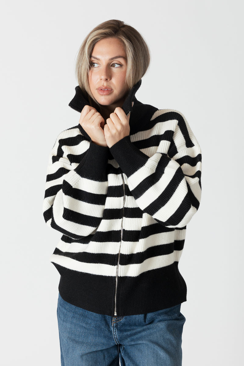 James Striped Zip-Up Collared Cardigan