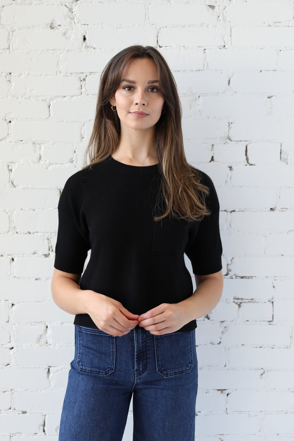 Short Sleeve Waffle Knit Pullover