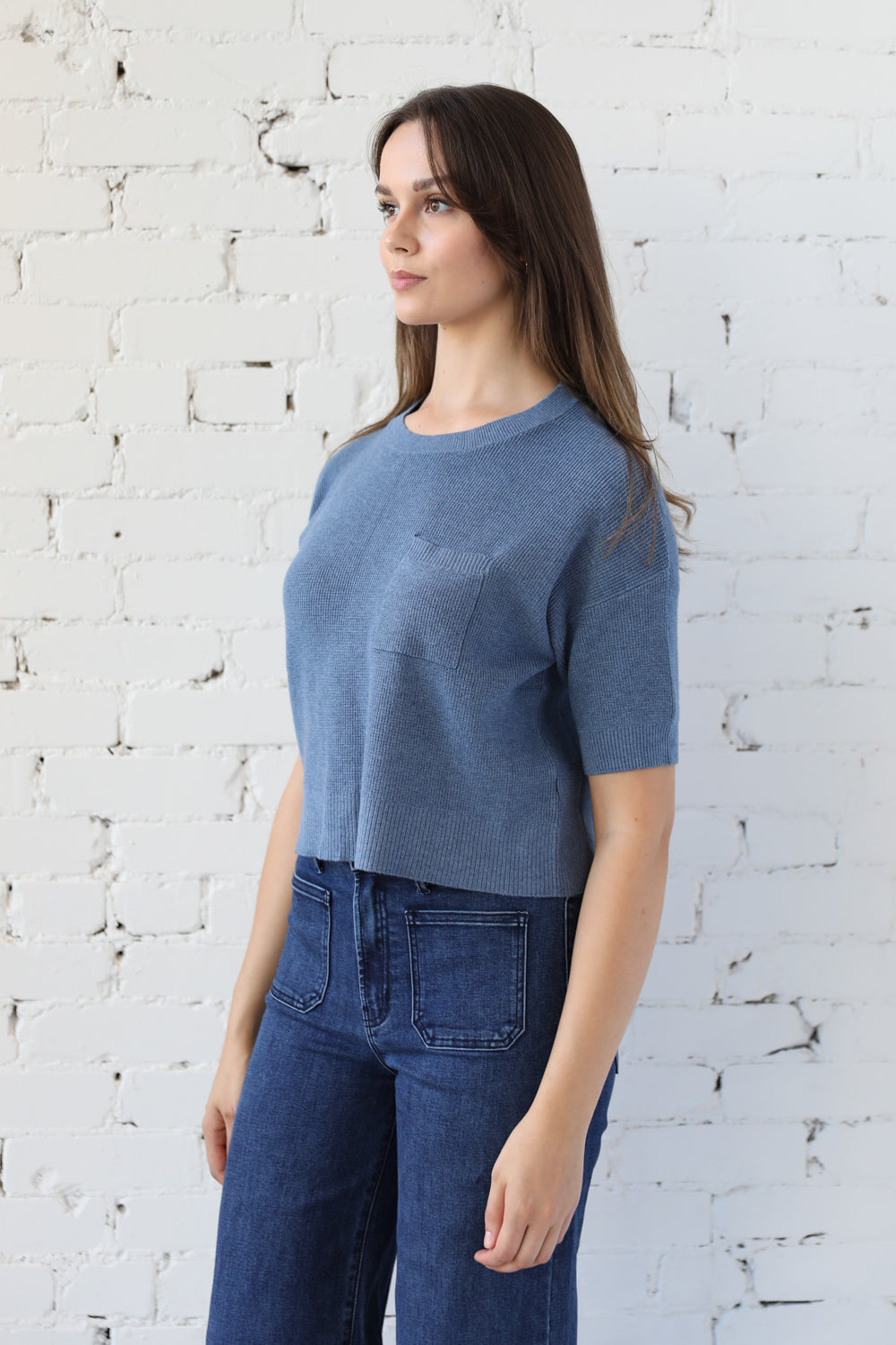 Short Sleeve Waffle Knit Pullover