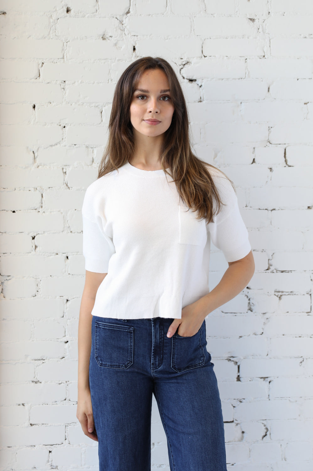 Short Sleeve Waffle Knit Pullover