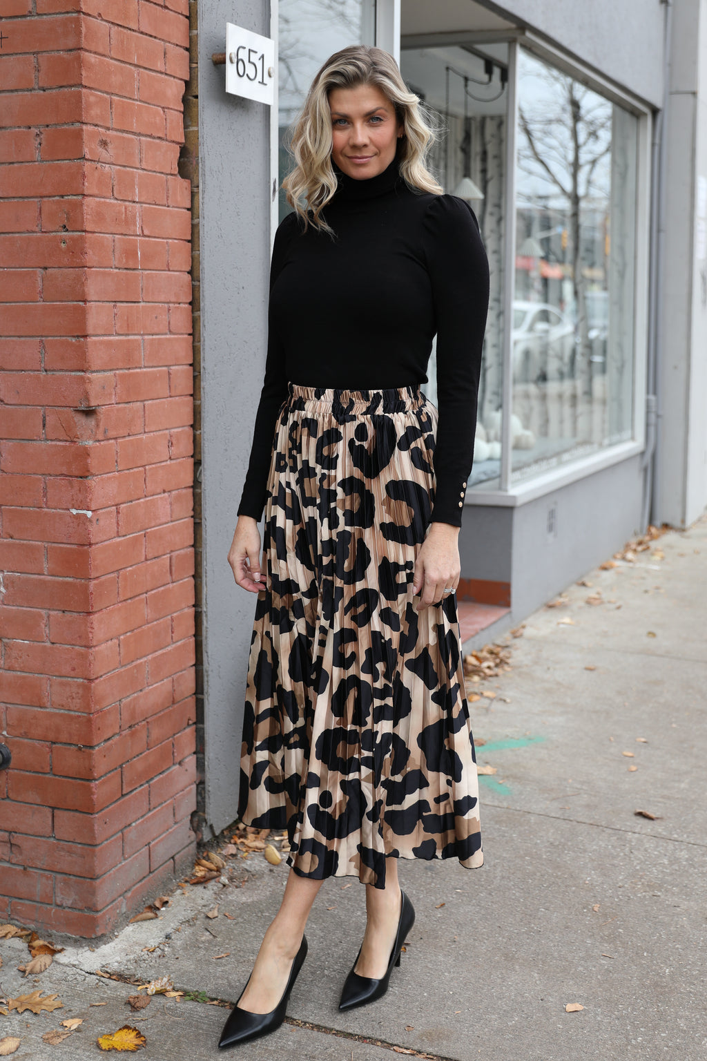 MARLEE </br>Leopard Print Pleated Midi Skirt
