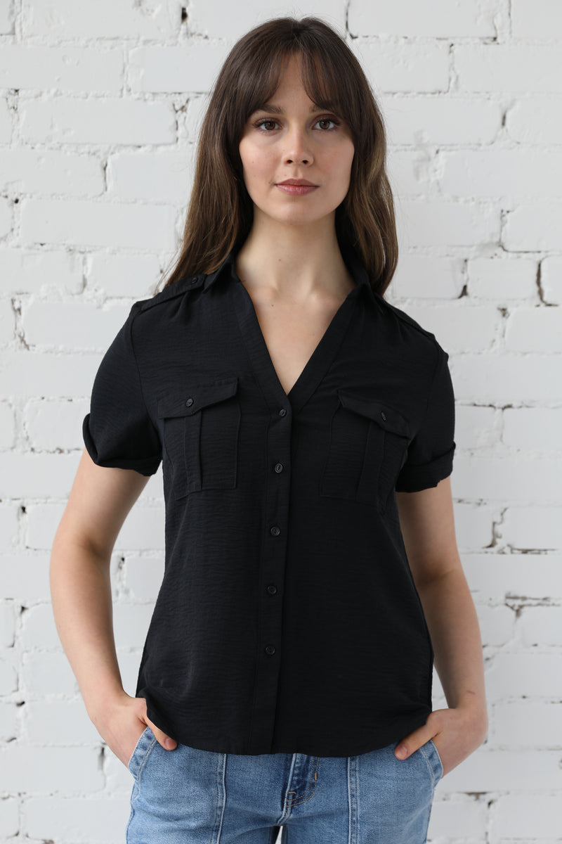 Short Sleeve Button Down Double Pocket Top