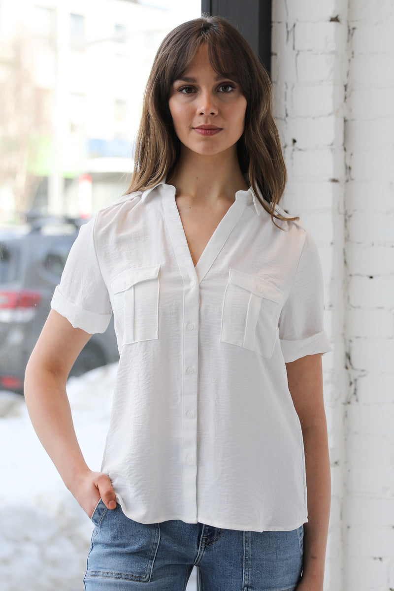 Short Sleeve Button Down Double Pocket Top