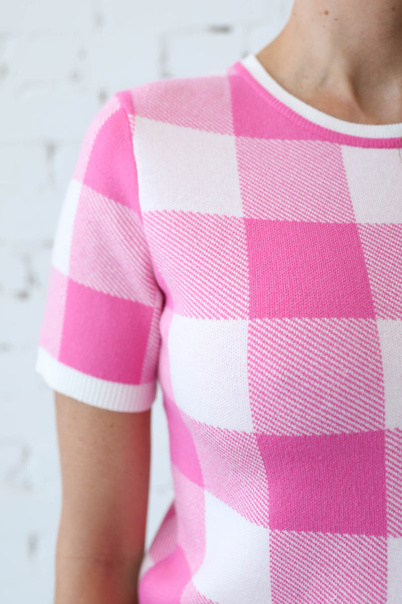 MARLEE </br>Checkerboard Knit Short Sleeve Top
