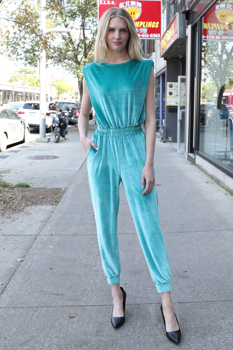 AVERY RAYNE </br>Velvet Padded Shoulder Jumpsuit