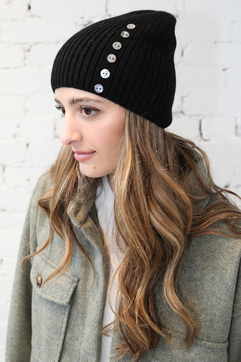 Cashmere Blend Knit Button Beanie