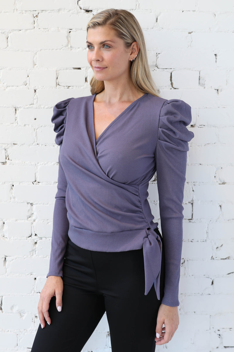 MARLEE </br>Essentials Surplice Rib Knit Long Sleeve Top
